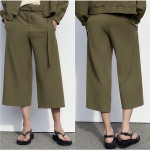 Zara Culotte Pants High Rise Cropped Green Khaki Wide Leg Belted